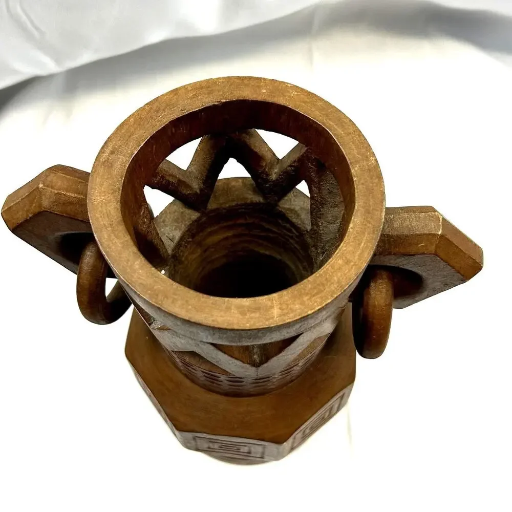 SKU2708 Rare Vintage Hand Carved Wood Water Urn Vase Handmade Loops Handle Art